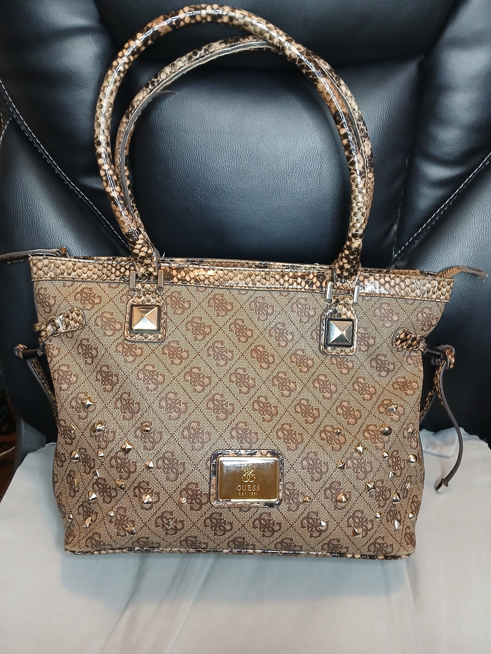GUESS Brown Monogram Studded Tote Bag